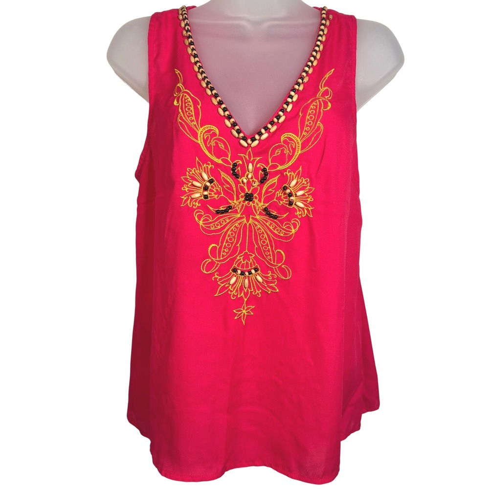 Blue Rain Pink Embroidered Beads
V-Neck Sleeveless Blouse Top Southwestern Small